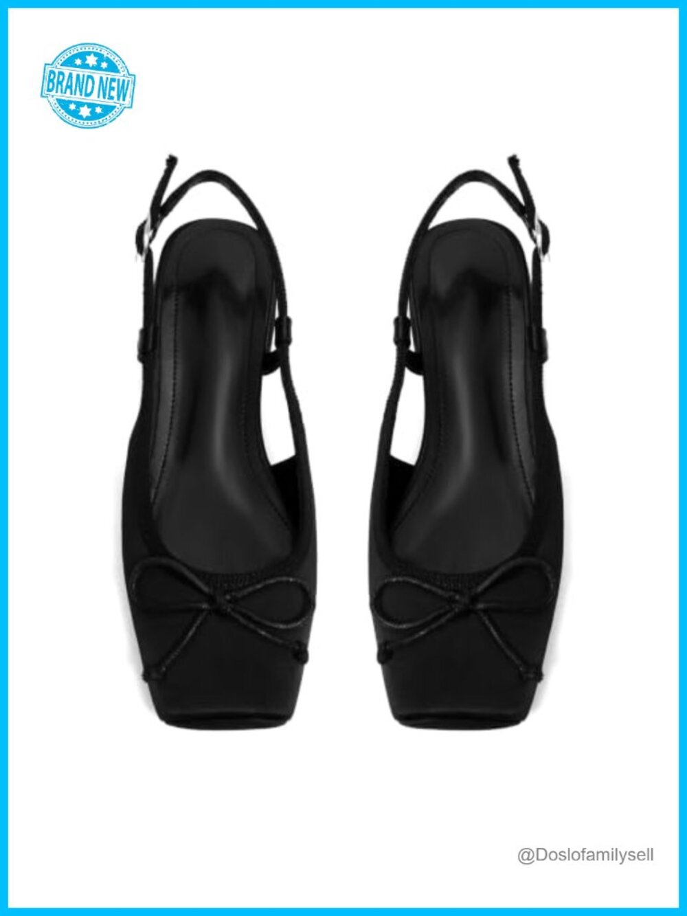 Satin Ballet Flats with Square Toe and Low Block Heel, Slingback Ankle Strap,